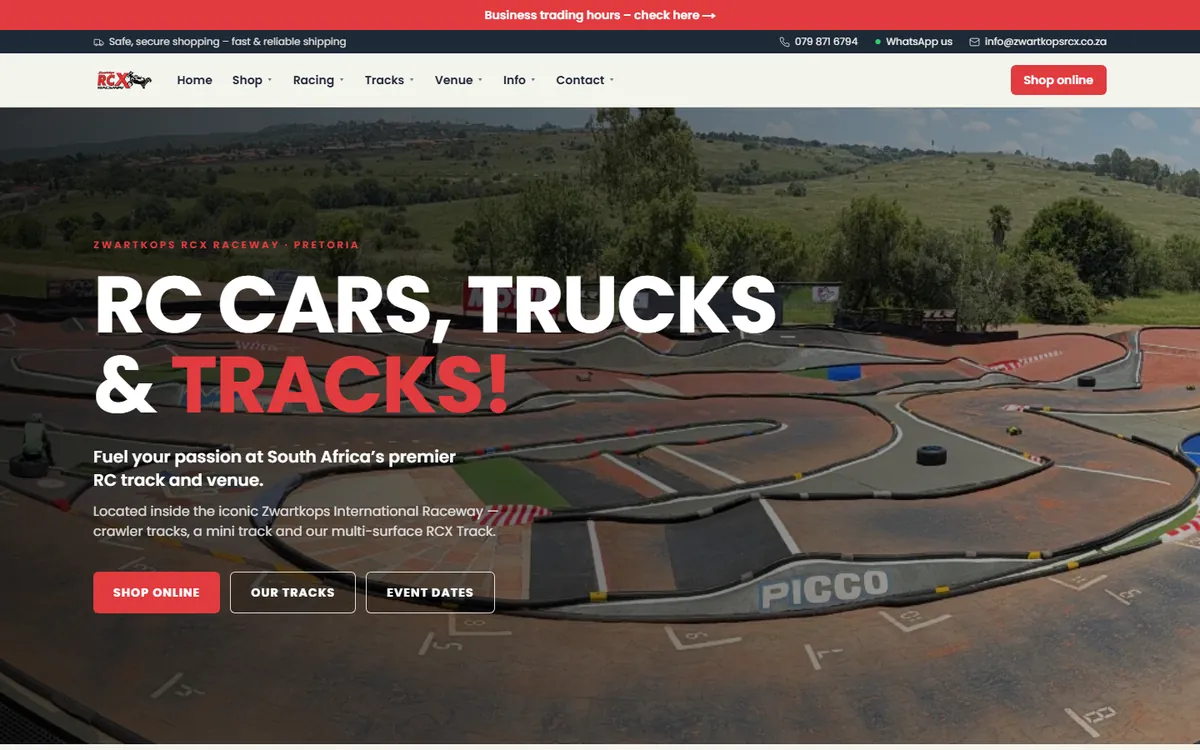 Zwartkops RCX website, built with Bizzfo Online