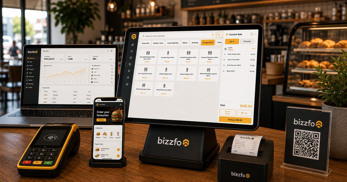 A Bizzfo counter screen, card machine, receipt printer and phone on a restaurant bar